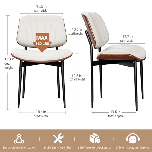 Dining Chairs Set of 2, Mid-Century Modern Upholstered PU Leather Chairs | with Walnut Bentwood Back and Metal Legs Adjustable Feet for Kitchen Dining Room, Off-White Shell Strips - color: Off-white Shell Strips