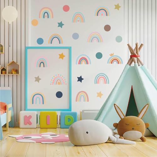 Rainbow Wall Decals for Children Room - 4 Sheets 76Pcs Boho Star & Dots Wall Stickers | Peel and Stick Nursery Decor, Playroom, Classroom | Removable Waterproof Wall Art - color: Rainbow