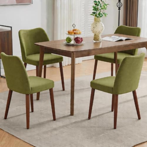 GarveeHome Wooden Dining Chair Set of 4 Upholstered Fabric Dining Chair | Modern Kitchen Chairs with Curved Backrest Leveling Feet for Dining Room, Living Room, , No tool assembly, No Wobble, Green - color: Green