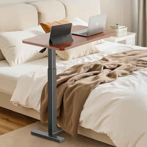 Simple Deluxe Adjustable Overbed Bedside Table with Wheels, Pneumatic Adjustable Hospital & Home Use Bed Table, Rolling Laptop Table, Mobile Standing Desk, Brown - color: Brown, style: Non-Tiltable