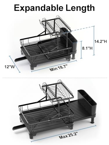 Large Expandable 2 Tier Dish Drying Rack for Kitchen Counter, Black | Extendable Design, 360° Rotating Drain Spout, Stable Screw-Fixed Frame, Rust-Resistant, Cup & Utensil Holder, Tool-Free Setup - color: Black, size: Countertop Expandable (12.6"w X 18.7"