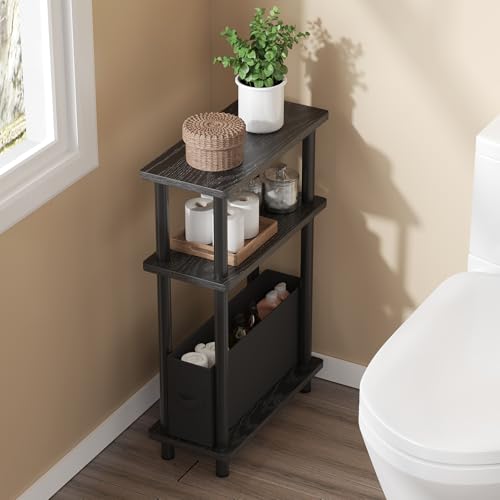 Apicizon Narrow Side Table with Fabric Basket, 3-Tier End Table, Black | Sofa Side Table, Wood Storage Shelf, Slim Nightstand, Skinny Bedside Table for Narrow Spaces, Living Room, Bedroom - color: Black, style: Narrow Side Table with Basket