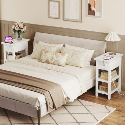 HOOBRO End Table with Charging Station, Flip Top Side Table with USB Ports, Narrow Nightstand Bedside Tables with Storage Shelves, for Small Space, Living Room, White WT141UBZ01 - color: White