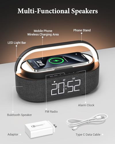 COLSUR Bluetooth Speaker with Wireless Charger, FM Radio, Dimmable LED Night Light, Stereo Sound Dual Wireless Speakers, 2500mAh Portable Speaker for Home Decoration, Bedroom, Office, Gift | FM Radio, Adjustable LED Night Light, 6 in 1 Bedroom Portable Sp
