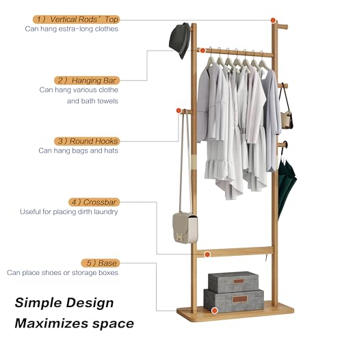 Solid Wood Coat Rack Freestanding, 71" Heavy Duty Clothes Rack with Dual Rods & Hooks, Stable Space Saving Hall Tree Entryway Organizer for Bedroom, Living Room (Natural) - color: Natural
