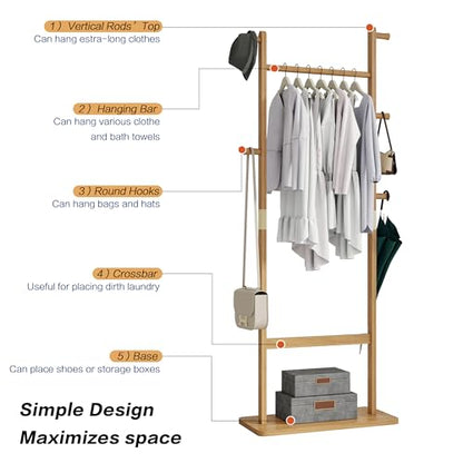 Solid Wood Coat Rack Freestanding, 71" Heavy Duty Clothes Rack with Dual Rods & Hooks, Stable Space Saving Hall Tree Entryway Organizer for Bedroom, Living Room (Natural) - color: Natural