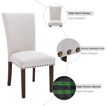 COLAMY Upholstered Parsons Dining Chairs Set of 4, Fabric Dining Room Kitchen Side Chair with Nailhead Trim and Wood Legs - Beige,No Table - size: set of 4