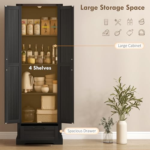 HOMCOM 71" Tall Kitchen Pantry Storage Cabinet Barn Doors Drawer Black | Farmhouse, Adjustable Shelves, Freestanding Food Pantry Cabinet, for Kitchen, Dining Room - color: Black