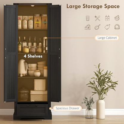 HOMCOM 71" Tall Kitchen Pantry Storage Cabinet Barn Doors Drawer Black | Farmhouse, Adjustable Shelves, Freestanding Food Pantry Cabinet, for Kitchen, Dining Room - color: Black