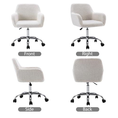 Faux Fur Makeup Vanity Chair,Home Office Desk Chair with Wheels, White | Fluffy Swivel Modern Armchair Upholstered Fuzzy Height Adjustable for Teens Women Girls Elegant for Living Room Bedroom - color: White+plush