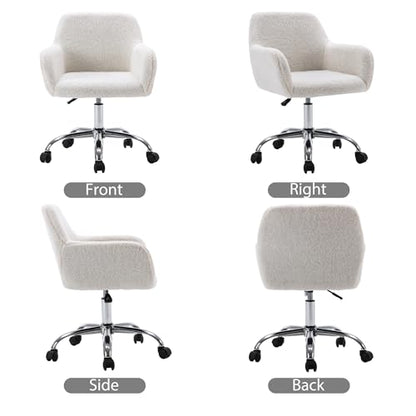 Faux Fur Makeup Vanity Chair,Home Office Desk Chair with Wheels, White | Fluffy Swivel Modern Armchair Upholstered Fuzzy Height Adjustable for Teens Women Girls Elegant for Living Room Bedroom - color: White+plush