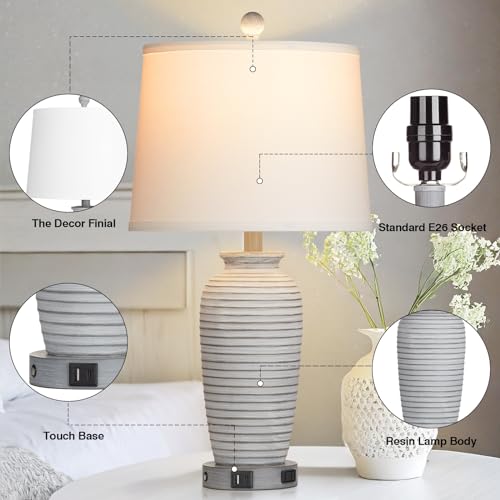 CINSARY 25" Farmhouse Jar Table Lamps Set of 2, 3 Way Touch Control Rustic Bedside Lamps with USB A+C Ports & AC Outlet, Pot Nightstand Lamps for Bedroom Living Room (LED Bulbs Included) - color: Grey-white