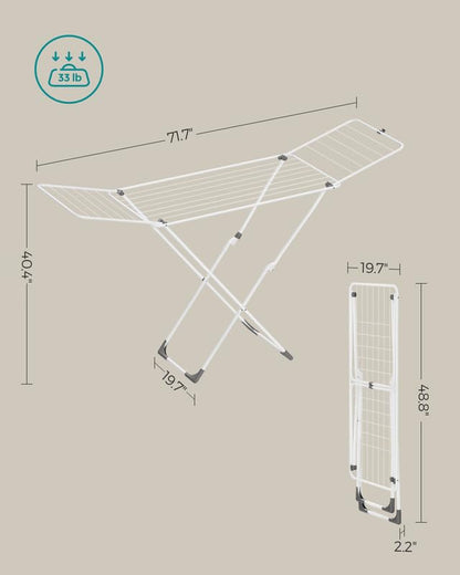 SONGMICS Clothes Drying Rack, Metal Laundry Drying Rack, Foldable, Space-Saving, Free-Standing Airer, with 2 Gullwings, Indoor Outdoor Use, Bed Linen Clothing, White ULLR540W01 - color: White, style: 2 Gullwings（19.7"D)