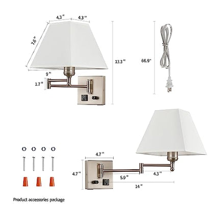Plug in Wall Light,Swing Arm Wall Sconces with USB Port and Outlet,Wall Lamp with White Fabric Shade Dimmable Switch for Bedroom, Living Room , Office Nickel - color: Sand Nickel