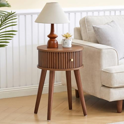 Round Fluted Side Table Set of 2, Small End Table with Fluted Drawer, Mid-Century Modern Wooden Bedside Table Round Nightstand Small Sofa Side Table for Living Room(Walnut) - color: Walnut, size: 15.7"D x 15.7"W x 23.6"H