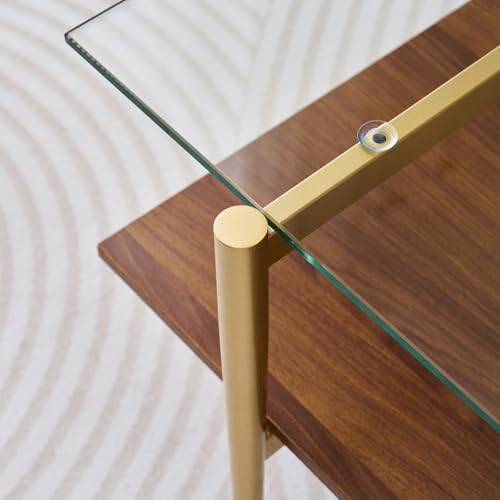 LumFurn Rectangle Coffee Table, Mid-Century Modern Design, L41 W21 x H17, for Living Room, 2-Tier Structure, Clear Glass Top and Walnut MDF Shelf, Sleek Conical Metal Legs with Gold Finish - color: L41" Clear & Walnut