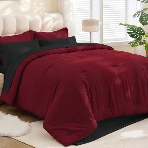 5 Pieces Comforter Set Twin/Twin XL Size, Reversible Red & Black Bedding Set, Soft Brushed Microfiber Comforter with Flat Sheet, Fitted Sheet, Pillowcases & Shams, 68"X88" - color: Red & Black, size: Twin / Twin XL (68"×88")