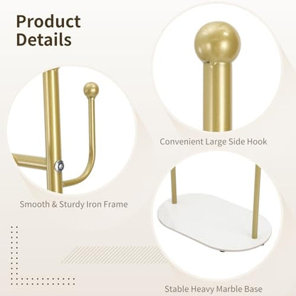 Gold Freestanding Coat Rack with Marble Base, Modern Metal Clothes Stand with Side Hooks, Slim Garment Organizer for Entryway, Bedroom, Hallway Corner Storage