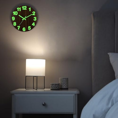 Plumeet Night Light Wall Clock, 16 Inch Wooden Glow in the Dark Clock for Bedroom, Extra Large Silent Lighted up Wall Clock Luminous Numerals and Hands, Battery Operated for Living Room/Kitchen, Brown