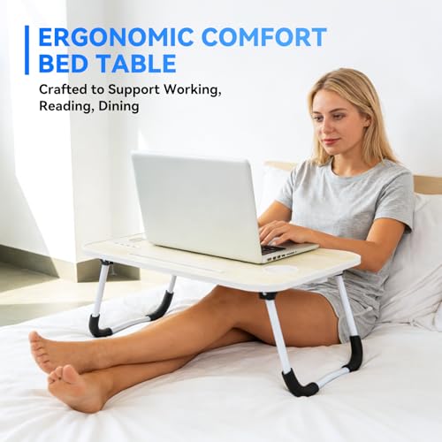 23.6 in Laptop Lap Desk, Foldable Laptop Table Tray with 4 USB Ports, 1 USB Charging Cable, Storage Drawer, Cup Holder, Bed Desk Stand Lap Tray Portable Standing Table for Bed Couch Floor - color: Wood