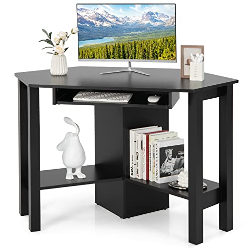 Tangkula Corner Desk with Keyboard Tray, Triangle Corner Computer Desk for Small Space, Bedroom Corner Makeup Vanity Desk with Storage Shelves, Space Saving Corner Writing Desk - color: Black