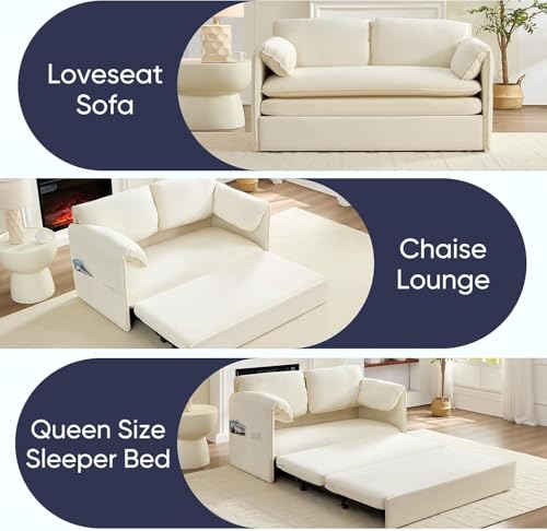 ijuicy 3 in 1 Convertible Sofa Bed, Queen Size Pull Out Sofa Bed -Beige | with 2 Side Pockets & Soft Armrest,60" Velvet Loveseat Sleeper Sofa with 4" Mattress for Living Room Furniture,Small Spaces - color: Beige