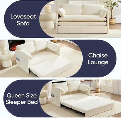 ijuicy 3 in 1 Convertible Sofa Bed, Queen Size Pull Out Sofa Bed -Beige | with 2 Side Pockets & Soft Armrest,60" Velvet Loveseat Sleeper Sofa with 4" Mattress for Living Room Furniture,Small Spaces - color: Beige