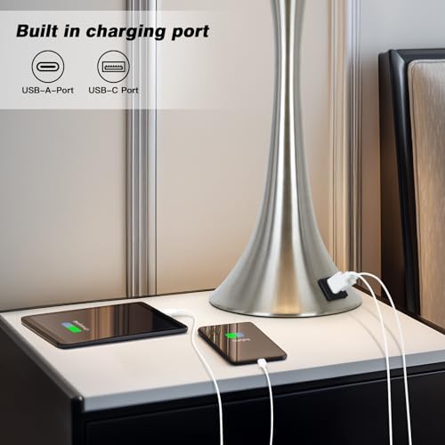 Rinweey 27.5" Silver Table Lamps, Touch Bedside Lamps with USB C+A Ports, 3 Way Dimmable Nightstand Lamps for Bedroom, Living Room, Office, Silver Lamp with Beige Lampshade, Bulbs Included (1 Pack) - color: Silver (1 Pack)