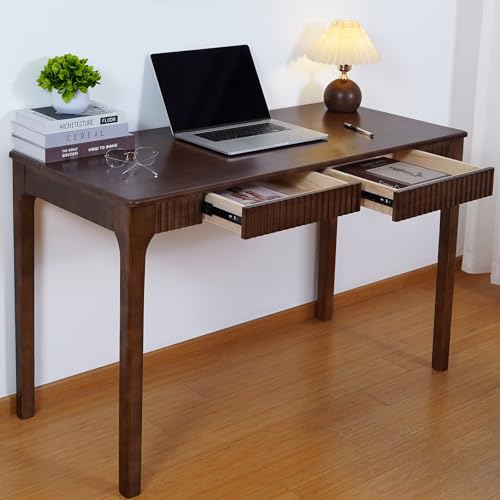 Solid Wood Desk with Drawer, Small Writing Desk for Small Spaces,Gaming Study Home Office Workbench woodenDesks for Work, 47 inch Wooden Computer Desk for Bedroom Walnut Color