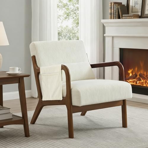 DUMOS Mid Century Modern Accent Chair, 17'' Seat Height with Side Pocket | Upholstered Small Side Chair with Lumbar Pillow and Wood Frame for Living Room, Bedroom, Reading Nook, Easy Assembly, Beige - color: Beige, size: 1 PC