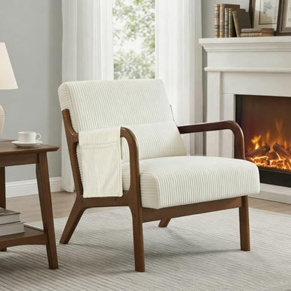 DUMOS Mid Century Modern Accent Chair, 17'' Seat Height with Side Pocket | Upholstered Small Side Chair with Lumbar Pillow and Wood Frame for Living Room, Bedroom, Reading Nook, Easy Assembly, Beige - color: Beige, size: 1 PC