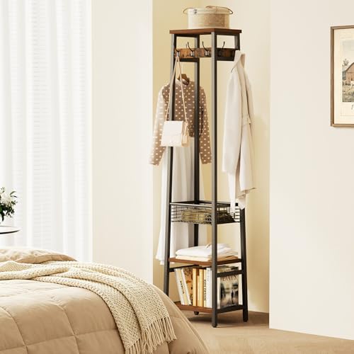 Coat Rack with Metal Basket and Storage Shelves | Coat Stand Freestanding, Hall Tree With and 7 Hooks, Clothes Rack Stand Organizer, Rustic Brown and Black - color: Rustic Brown and Black, style: 2 Shelves + 1 Basket