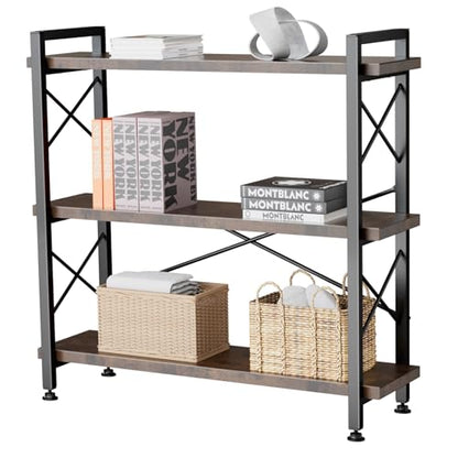 3 Tier Bookshelf, Open 3 Shelf Short Bookcase, Rustic Shelves with Metal Frame, Industrial Book Shelf for Bedroom Home Office Living Room, Rustic Brown