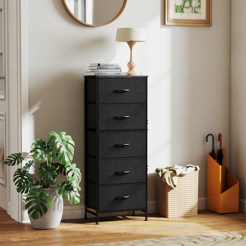 DUMOS Nightstand with 5 Drawers, Bedside Table with Removable Fabric Bins, Sturdy Steel Frame Wood Top Skinny Dresser for Bedroom Closet Living Room, Black - color: Black, size: 15.7"D x 11.8"W x 47.7"H (5 Drawers)