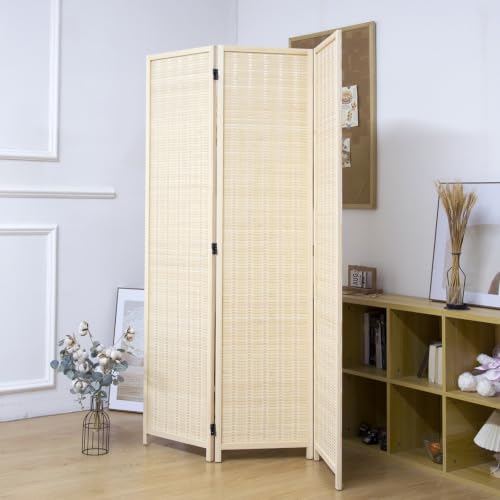 3 Panel Bamboo Room Divider for Home & Office, 5.6 ft Tall Folding Partition Wall in Natural Beige, Double-Sided Privacy Screen for Room Separation (67" H x 46" W) - color: Beige, size: 3 Panel