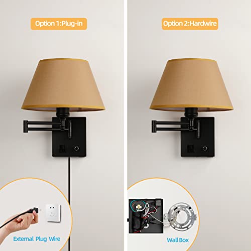 Swing Arm Wall Sconces, Plug-in Wall lamp,Bedroom Wall lamp ， White Fabric Shade with dimmable Switch and USB Charging Port,Suitable for Bedside,Living Room,Reading (Black. Gold Shadow) - color: Black. Gold Shadow