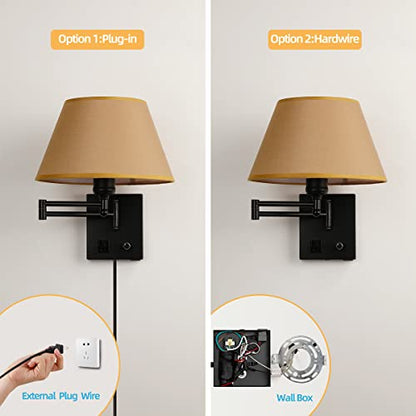 Swing Arm Wall Sconces, Plug-in Wall lamp,Bedroom Wall lamp ， White Fabric Shade with dimmable Switch and USB Charging Port,Suitable for Bedside,Living Room,Reading (Black. Gold Shadow) - color: Black. Gold Shadow