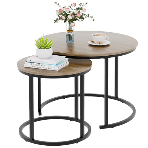 Nesting Coffee Table, 23.6" Round Coffee Table Set of 2, Wooden Nesting Table Set with Metal Frame, Side Tables for Living Room Bedroom Balcony, Brown - color: Brown