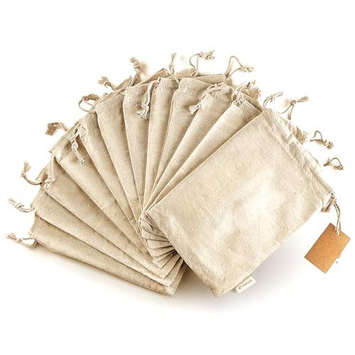 Organic Cotton Reusable Produce Bags - Small 5x7 (12 Pack) - Biodegradable Eco-Friendly Bulk Bin Sacks for Food - Cloth Bags with Drawstrings - Linen Pouch for Fruit, Vegetable Storage - size: Small 5x7" (12 Pack)