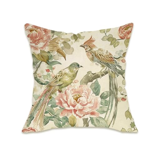 Fahrendom Vintage Floral Bird Lumbar Decorative Rectangle Pillow Cover | 16 x 16, Chinoiserie Peony Flower Porch Outdoor Pillowcase, Spring Summer Botanical Sofa Couch Cushion Case Home Decor - color: Vintage Bird Flower, size: 16" x 16" (Pack of 1)