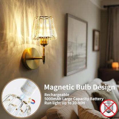 Battery Operated Crystal Wall Sconce Set of 2, Gold Rechargeable Wireless Wall Sconces with Remote Dimmable 12 Colors Modes Led Wall Lights, Wall Lamp for Bedroom Living Room Hallway, 2 Bulbs Included - color: Gold