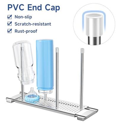 Expandable Over Sink Water Bottle Drying Rack with Dish Cloth Holder, Metal Kitchen Cup Drying Rack, Space-Saving Sink Drainer for Baby Bottles, Bottles, Dish Rags, Gloves & Reusable Bags (Silver)