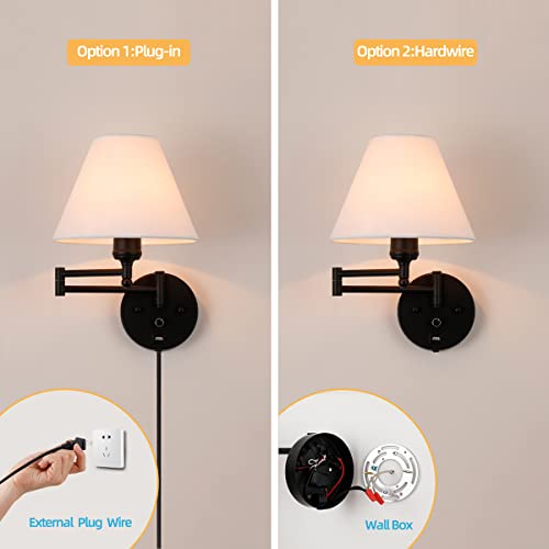 Swing Arm Wall Sconces, Plug-in Wall lamp,Bedroom Wall lamp ， White Fabric Shade，，with dimmable Switch and USB Charging Port, Suitable for Bedside, Living Room, Reading (Black) - color: Black
