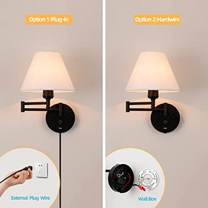 Swing Arm Wall Sconces, Plug-in Wall lamp,Bedroom Wall lamp ， White Fabric Shade，，with dimmable Switch and USB Charging Port, Suitable for Bedside, Living Room, Reading (Black) - color: Black