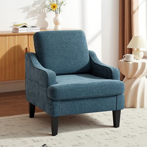 Accent Chair for Living Room,Mid-Century Arm Chair Fabric Living Room Chairs,Upholstered Reading Chair for Bedroom,Single Sofa Chair with Wood Legs for Apartment (1, Chenille Blue) - color: Blue
