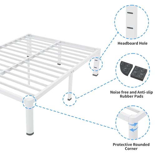 ROIL 18 Inch White Queen Bed Frame with Rounded Corner & 4 Mattress Baffles | Easy Assembly, Noise Free, 3500LBS Load Capacity, No Box Spring Needed, 16.4" Storage Space, Headboard Hole, Heavy Duty Steel - size: Queen, style: 18 Inch White