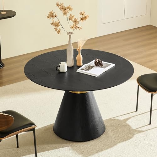 Round Dining Table for 6 People, 47.24 Inches Dining Room Table, Modern Wood Round Kitchen Tables Black Pedestal Base with Gold Trim Ring for Dining Room, Kitchen, Living Room - color: 47.24 Inch Black With Gold Trim