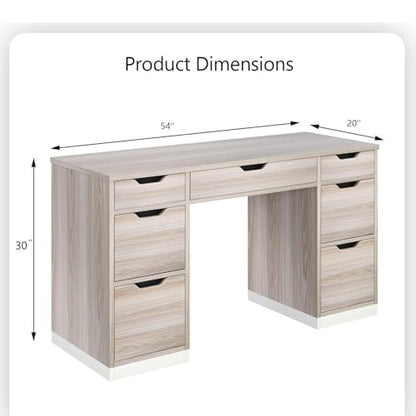 Computer Desk with Drawers, Small Office Desk with Storage, Light Walnut | 54 Inch Writing Desk with 7 Storage Drawers, Study Desk for Bedroom, Small Spaces - color: Light Walnut