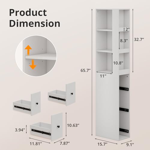 ARTETHYS Tall Narrow Bathroom Storage Cabinet with Side Rack & Drawers | 3-Level Adjustable Shelves, Slim Free Standing Space Saver Organizer for Living Room Kitchen, Classic White - color: White With Side Rack