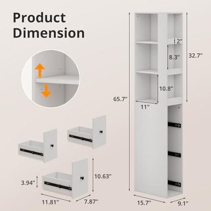 ARTETHYS Tall Narrow Bathroom Storage Cabinet with Side Rack & Drawers | 3-Level Adjustable Shelves, Slim Free Standing Space Saver Organizer for Living Room Kitchen, Classic White - color: White With Side Rack